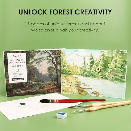 Grabie Watercolor Coloring Book, 15 A5 Cotton Sheets, Forest Themed
