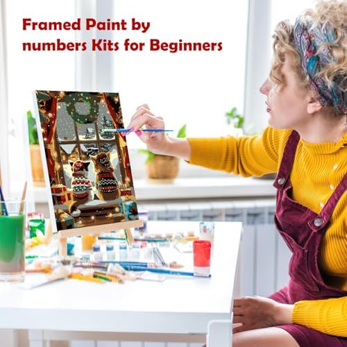 MOGTAA Christmas Cat Paint by Numbers Kit for Adults Beginners with Frame, Winter Adult Paint by Number Kits on Canvas with Easel, Easy DIY Oil Painting Kits for Home Decor, 8x12in