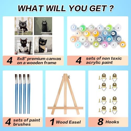 4 Pack Framed Black Cat Paint by Numbers Kits for Adults with Easel (8x8in)