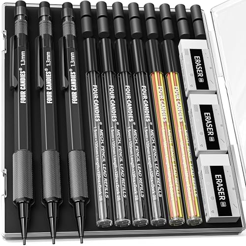 Four Candies 3PCS 1.3mm Metal Mechanical Pencil Set with Case (Black)