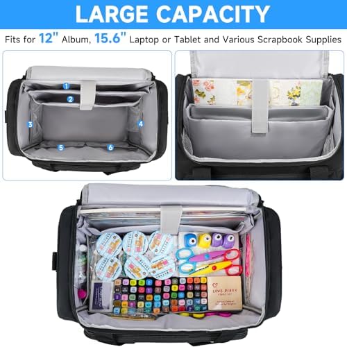 Craft Bag for Scrapbook Supplies, Large Scrapbook Tote with 15.6'' Laptop Sleeve, Art Supply Storage Bag with Multiple Pockets for Scrapbooking Tools, Black