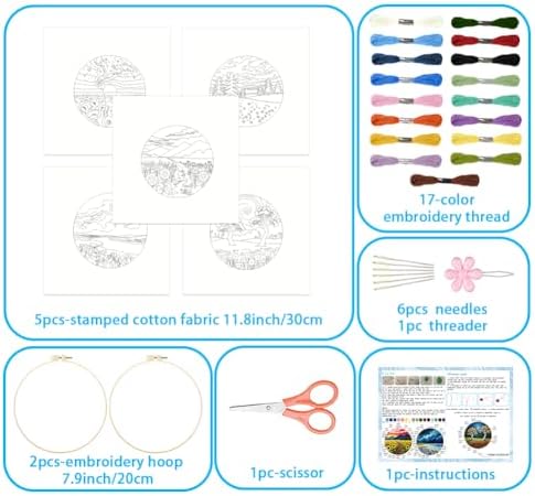 ACRNIGHEET 5 Pack Embroidery Kit for Beginners Adults, Stamped Cross Stitch Kits, Hand Embroidery Starter Kit Including 5 Stamped Embroidery Cloth, Colorful Threads, Hoop, Instruction, Gift Idea