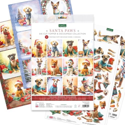 Katy Sue Santa Paws Die-Cut Christmas Card Topper & Decoupage Collection. 4 Sheets of Puppy & Dog-Themed Card Toppers & 4 Sheets of Matching Die-Cut Decoupage for Christmas Card Making Supplies