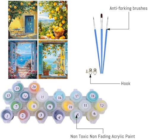 Clendo 4 Packs Summer Scene Paint by Numbers Kits for Adults, DIY Lemon Tree Adult Paint by Number Kits on Canvas, Digital Oil Number Painting for Home Decor (12x16 Inch)