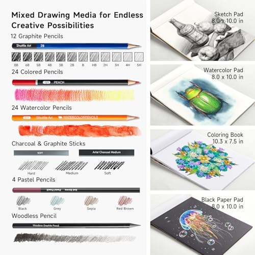 Shuttle Art 116 PCS Drawing Kit, Professional Drawing Supplies with Sketch, Charcoal, Colored, Graphite, Pastel Pencils & Sticks, Complete Drawing Tools and Paper Pads in Zipper Case for Artists&Kids