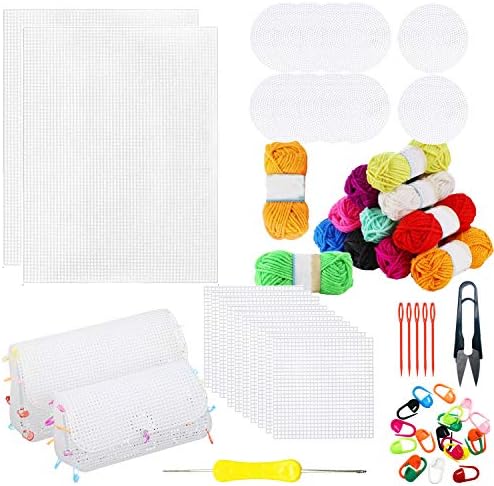 Allazone 57 PCS Mesh Plastic Canvas Sheets Kit Including 24 PCS Plastic Canvas, 12 Color Acrylic Yarn for DIY Crafts Embroidery Cross Stitch, Acrylic Yarn Crafting, Knit and Crochet Projects