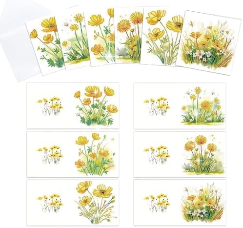 6pcs 5D DIY Diamond Painting Kit Greeting Card, Small Yellow Flower Diamond Handmade Greeting Card with Envelope, Holiday Gift Congratulations