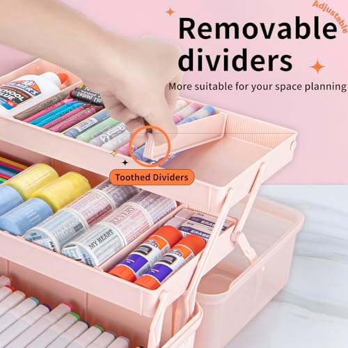 TERGOO 14in 3-Layer Multipurpose Craft Organizers and Storage with Adjustable Dividers, Portable Tackle Box, Folding Art & Craft Case for Medicine, Tool, Sewing Organizer (Pink, X-Large)
