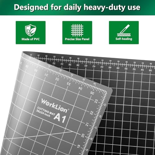 WorkLion Self Healing Cutting Mat 24''x36'': Double-Sided 5-Ply Craft Cutting Board with Grid - Slip-Resistant Large Cutting Mat for Sewing, Fabric,Quilting, Crafts & Hobbies(Grey/Black)