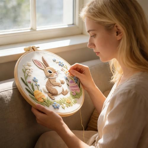 BoAn 3D Rabbit Embroidery Kit for Adults, DIY Hand Embroidery Craft Kit