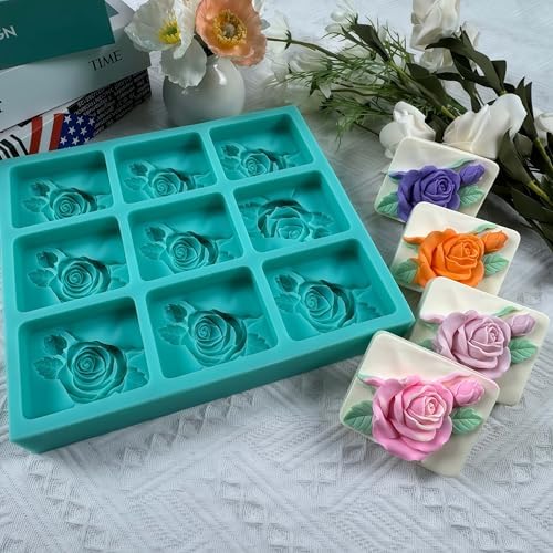 9 Cavities Rose Relief DIY Soap Mold,Handmade Soap Making Silicone Tray,Flower Silicone Mold for Natural Soap,Scented Candle Wax,Plaster Diffuser,Crystal Epoxy Decorations
