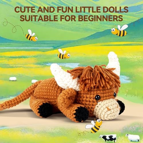 MOREJMTT Crochet kit for Beginners Adults, Learn to Crochet, Include Easy Knitting Soft Yarn, Step-by-Step Video Tutorial, Hook, Holiday Birthday Gift (Highland Cow)