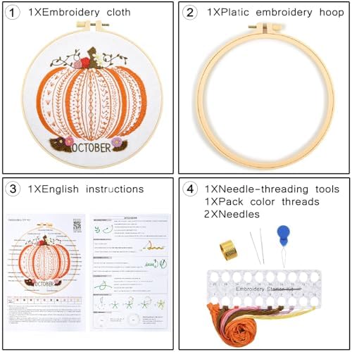 Easy Beginners Embroidery Stitches Practice Kits for Adults, Fall Pumpkin Embroidery Starters Kits for Beginners to Learn 26 Stitches, Autumn Hand Embroidery Set Craft for Women & Video Tutorial