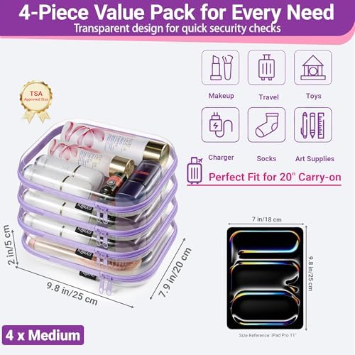 YQBRAO Clear Hard Shell Zipper Cases, 4 Medium Makeup Organizers, Purple