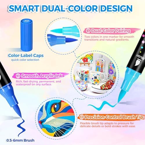 120 Colors Acrylic Paint Markers, Dual-Tip Brush Paint Pens for Painting | Permanent Drawing Markers Set For Wood, Rock , Fabric, Canvas, Glass, Ceramic, DIY Craft Art Supplies, 60 Pack