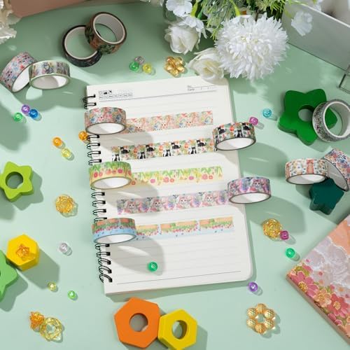 Spring Flower Washi Tape - 12 Roll Vibrant Cat Flower Scrapbook Washi Colored Painters Masking Decorative Adhesive Tape Set School Office Diy Craft Scrapbooking Journal Supplies Gift Wrapping