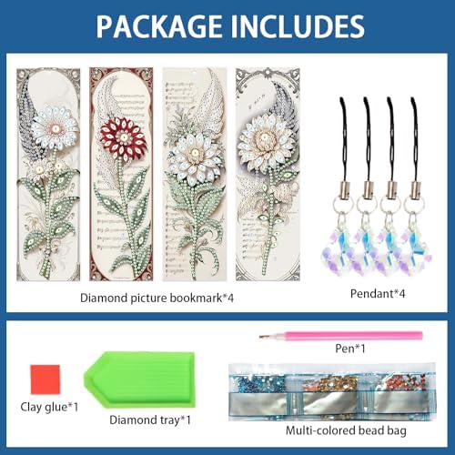4-Pack 5D Flower Diamond Painting Bookmarks Kit, DIY Diamond Art Bookmarks with Colorful Diamond Gems and Tassels, Floral Bookmark Making Set for Adults, Gift for Book Lovers
