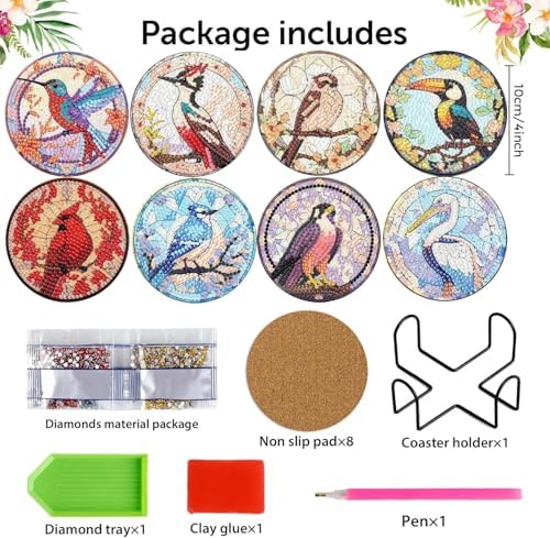 Diamond Art Coasters Kit, 8 Pieces Birds Diamond Painting Coasters Kit
