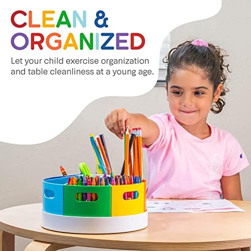 Kids Art Supply Storage Organizer with Dividers – 8.6" Rotating Lazy Susan Caddy for Crayons, Markers & Pencils