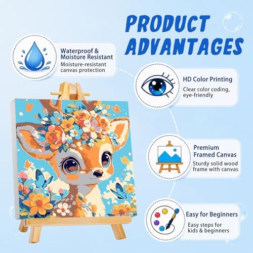 AUKELHJ Paint by Numbers Kit for Kids with Frame, Deer, 8X8 inch