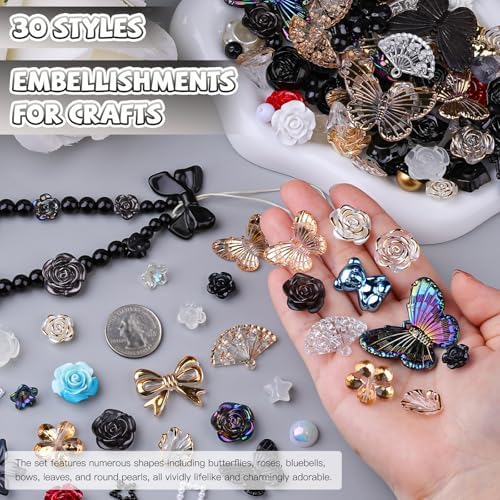 350 Pieces 3D Resin ABS Colorful Rose Flower Bows Butterfly Charms with Flatback Half Round Pearl Beads for Bracelet Earring Necklace Craft DIY Making Supplies