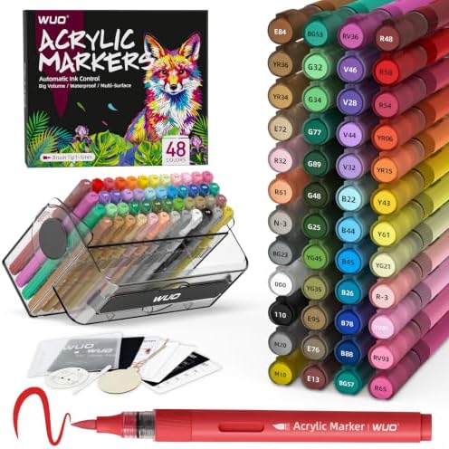 WUO 48 Colors Acrylic Paint Markers Brush Tip with Automatic Ink Control