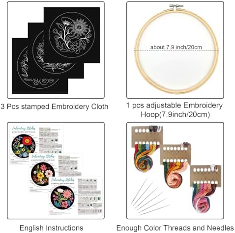Louise Maelys 3 Pack Floral Embroidery Kit for Beginners with Hoop Threads