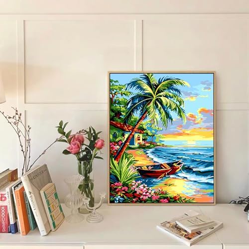 Yunnuo Landscape Paint by Numbers Kit for Adults Beginner,Beach Adult Paint by Numbers on Canvas with Acrylic Paint and 3 Brush,Cottage-Wooden Boat Painting by Numbers for Home Decor Gifts(20x16 inch)