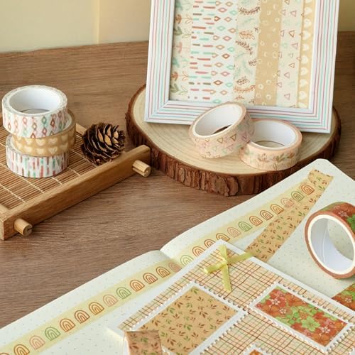 Boho Washi Tape Set 10 Rolls Cute Masking Graphic Floral Pattern Decorative Tapes for Arts, DIY Crafts, Journals, Planners, Scrapbook, Wrapping (Retro)