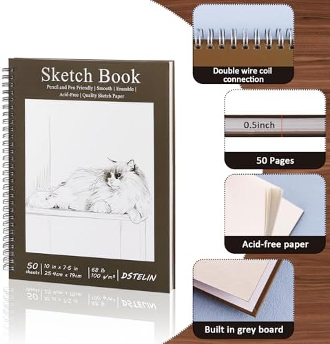 DSTELIN 2 Pack 10" x 7.5" Spiral Bound Art Sketchbook, 50 Sheets 68LB/100GSM Acid-Free Thick Paper, Sketch Pads with Cardboard Backing for Artists and Students
