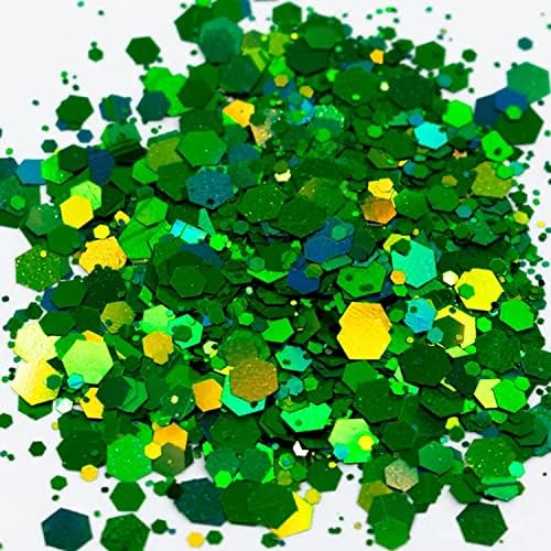 HEMOER Dark Green Glitter, 100g/3.5oz Holographic Chunky Glitter Mixed Hexagon Chunky & Fine Flakes Iridescent Sequins for Epoxy Crafts, Resin, Nail Body, Tumblers, Festival Party