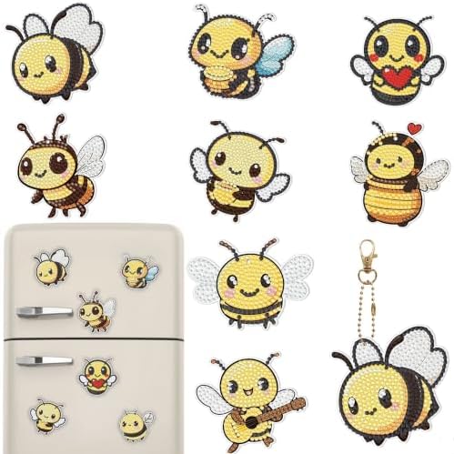 Bulerrylulu 9 Pcs Bee Diamond Painting Magnets Kits Cat Fridge Magnet Stickers Diamond Art Painting Keychains Gem Painting kit for Beginners Adults DIY Art Craft Gifts Home Decors