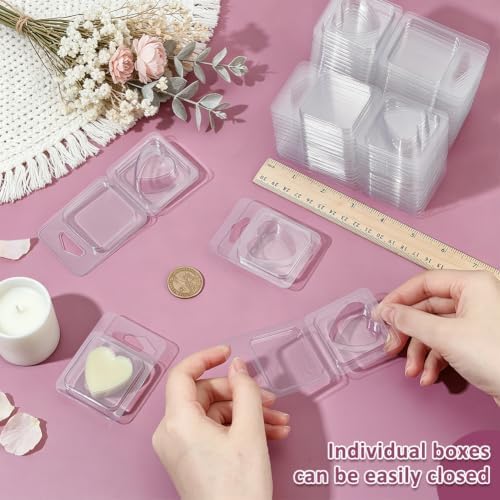 BENECREAT 60 Pack Wax Melt Molds, Clear PET Wax Melt Clamshells with Foldable Design, Heart Candle Making Molds for Wickless Candles and Soap Making
