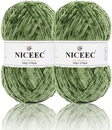 NICEEC 2 Skeins Soft Chenille Yarn 2 x255m (2X 279yds, 3X 150g)_Army Green