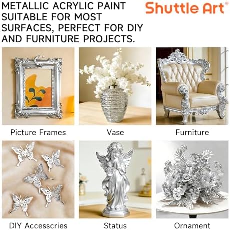 Shuttle Art Metallic Sliver Acrylic Paint, 8.45 oz (250 ml) Silver Leaf Paint With Brush, Non Toxic, Non Fading Silver Paint for Crafts, Metal, Wood, Clay, Ceramic, Canvas, Furniture