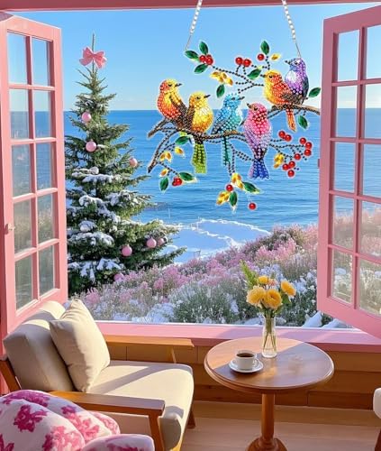 Spring Birds Diamond Painting Kits for Adults, DIY Pendant Diamond Art Kits for Beginners, 5D Special Shape Full Drill Hanging Diamond Gem Art Painting Kits for Window Suncatchers for Home Wall Decor