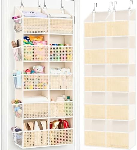 Over The Door Organizer 5 Tiers, Extra Large Behind Door Storage of 10 Compartments, 80 lbs Weight Capacity Hanging Storage Organizer with Clear Window Kids Toys, Shoes,Diapers, Braided Style