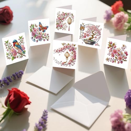 6pcs 5D DIY Diamond Painting Kit Greeting Card, Small Bird Peach Blossom Diamond Handmade Greeting Card with Envelope, Holiday Gift Congratulations