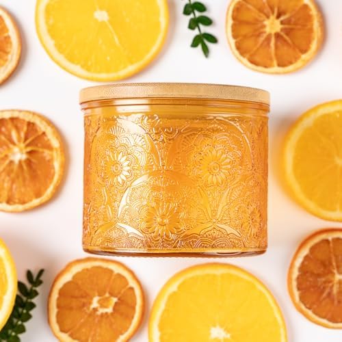 10 oz Embossed Glass Candle Container with Bamboo Lids and Labels,Orange Candle Jars for Making Candles,Mandala Design - Pack of 9