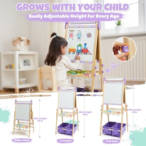 3-in-1 Kids Art Easel Set, Height Adjustable Magnetic Whiteboard & Chalkboard with Painting Paper Roll, Wooden Dual-Sided Art Station for Toddlers & Children Ages 3-8 (Art Supplies Included)