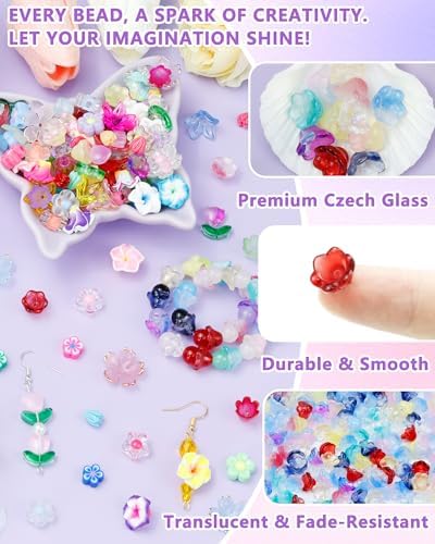 FIVEIZERO Flower Charms, 200PCS Glass Lily Bell Flower Beads, 11 Colors