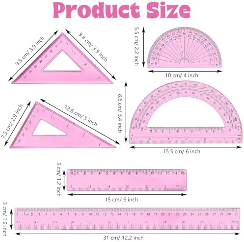 Tenare 6 Pcs Math Geometry Ruler Set, Protractor Triangle School,Pink