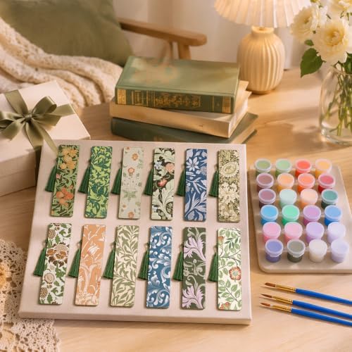 FYSUIMU 12Pcs Wooden Floral Paint by Number Kits Flower DIY Oil Painting Bookmarks with Tassels for Kids Adults Book Lovers DIY Crafts Supplies, 7 x 2 Inch