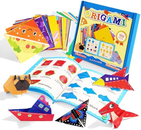 Origami Kit for Kids Ages 5-8 8-12, 100 Sheets Double Sided Colorful Folding Paper (45 Patterns×2+10Blank) with Clear Guiding Book, Animals Dinosaur Art Activity DIY Craft Set Gift for Girls Boys