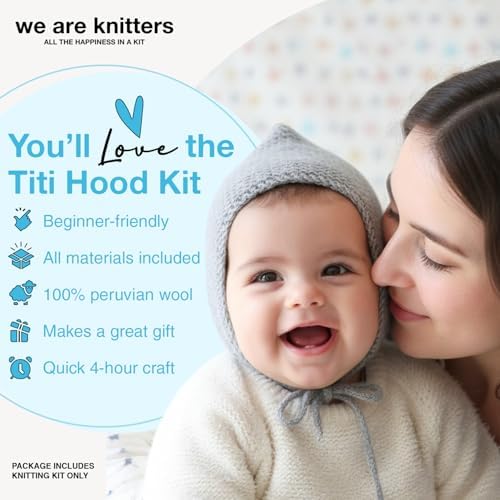We Are Knitters Titi Hood Kit | Beginner Knitting Gift Kit | Soft Baby Alpaca Flat Knit Bonnet | Cozy Handmade Winter Baby Hood Warm Cozy Gift Set DIY