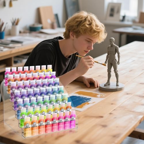 7 Tiers Clear Acrylic Paint Organizer with Brush Holder,paint Organizers Set Miniature Paints Holders, 7 Layers Paints Storage Rack, Craft Paint Rack