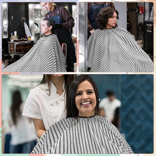Professional Hair Cutting Cape with Neck Duster Brush, Large Size Salon Barber Cape for Men, Women and Kids(White with Five-line Stripe)