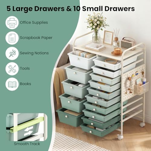 GOFLAME 15-Drawer Rolling Storage Cart with Pegboard, Craft Storage Cart with Lockable Wheels and Metal Frame, Art Cart Supply Storage Organizer for Home Office Classroom, Green Gradient