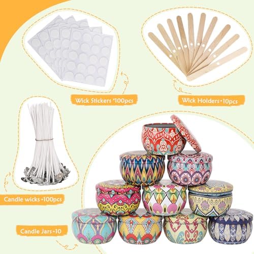 Blingfun 10 Packs 4 oz Candle Tins kit, Candle Making Tins, Candle Jars, 100pcs Candle Wicks, 100pcs Wick Stickers, Candle Containers for Making Candles (Flowers)