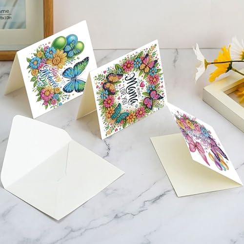 Tontut 6pcs 5D Diamond Art Painting Greeting Card Kit, Butterfly Flower Adult DIY with Envelope, Special Shape Diamond Design Greeting Card Creative Birthday Holiday Gift